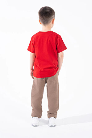 Erkek Çocuk Türk Bayrak Göğüs Arma Baskılı Kırmızı Tshirt