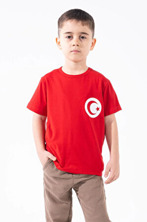 Erkek Çocuk Türk Bayrak Göğüs Arma Baskılı Kırmızı Tshirt