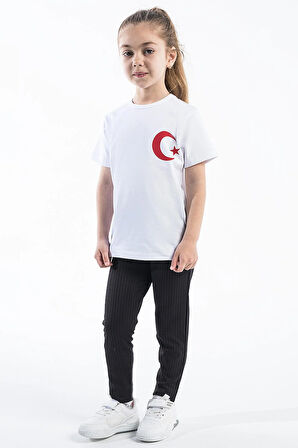 Kız Çocuk Türk Bayrak Göğüs Arma Baskılı Beyaz Tshirt
