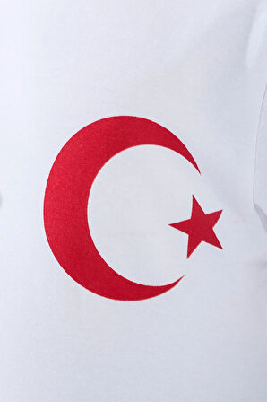 Kız Çocuk Türk Bayrak Göğüs Arma Baskılı Beyaz Tshirt