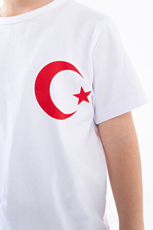 Kız Çocuk Türk Bayrak Göğüs Arma Baskılı Beyaz Tshirt