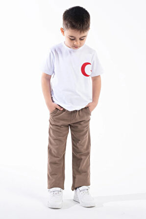 Erkek Çocuk Türk Bayrak Göğüs Arma Baskılı Beyaz Tshirt