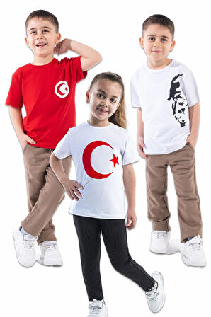Türk Bayraklı Atatürk Baskılı T-shirt (3 Adet Fiyatı) 4-14 Yaş Kız-Erkek