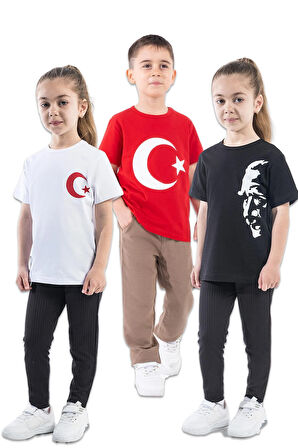 Türk Bayraklı Atatürk Baskılı T-shirt (3 Adet Fiyatı) 4-14 Yaş Kız-Erkek Çocuk  KSB