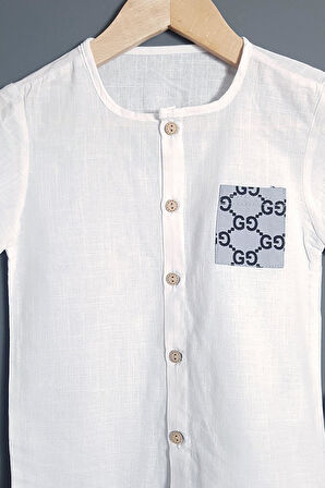 Erkek Çocuk Müslin Gömlek Şort 2'li Takım GG Tasarım Gri 2-3-4-5 Yaş Seçenekli