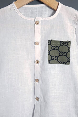 Erkek Çocuk Müslin Gömlek Şort 2'li Takım GG Tasarım Yeşil 2-3-4-5 Yaş Seçenekli