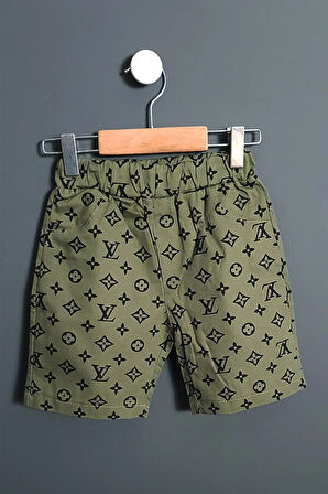 Erkek Çocuk Müslin Gömlek Şort 2'li Takım LV Tasarım Yeşil 2-3-4-5 Yaş Seçenekli