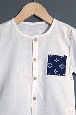 Erkek Çocuk Müslin Gömlek Şort 2'li Takım LV Tasarım Lacivert 2-3-4-5 Yaş Seçenekli