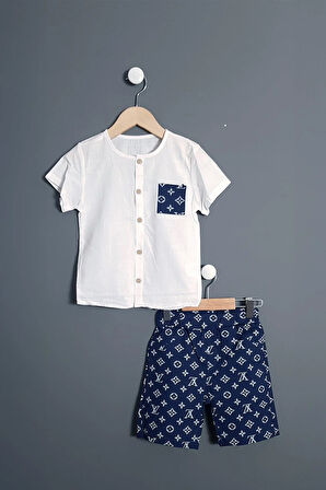 Erkek Çocuk Müslin Gömlek Şort 2'li Takım LV Tasarım Lacivert 2-3-4-5 Yaş Seçenekli