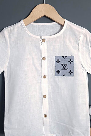 Erkek Çocuk Müslin Gömlek Şort 2'li Takım LV Tasarım Gri 2-3-4-5 Yaş Seçenekli