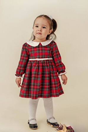Kız Bebek Yılbaşı Konsept Kırmızı Ekose Elbise Garnili