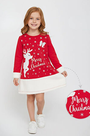 Kız Çocuk Yılbaşı Konsept Penye Elbise Siluet Geyik 