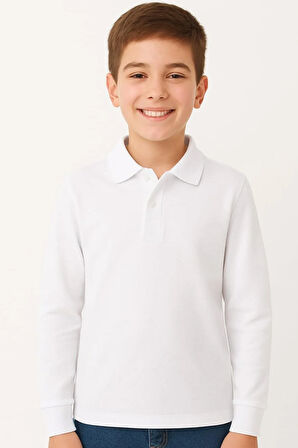 Çocuk Unisex Uzun Kollu Polo Yaka Tshirt Beyaz Okul 10-13 Yaş