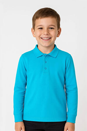 Çocuk Unisex Uzun Kollu Polo Yaka Tshirt Turkuaz Okul 10-13 Yaş