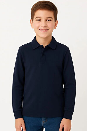 Çocuk Unisex Uzun Kollu Polo Yaka Tshirt Lacivert Okul 10-13 Yaş