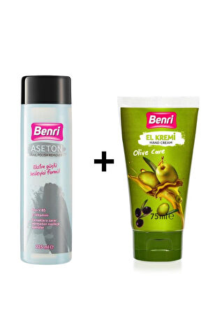 Benri Extra Güçlü Aseton 225 ml Olive Care El Kremi 75 ml Disk Pamuk Hediyeli