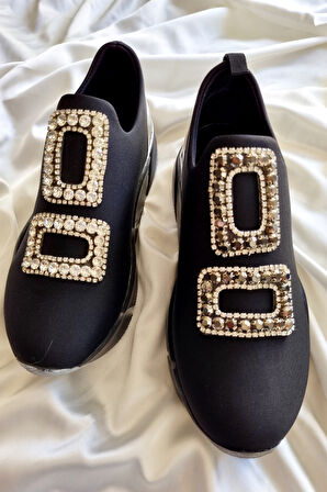 Platform Taban Rahat Streç Taşlı Detaylı Kadın Spor Ayakkabı Soft Sole