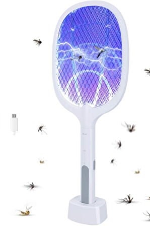 Şarjlı Elektrikli Sinek ve Sivrisinek Öldürücü Raket – UV Işıklı, Güçlü Voltaj, Sessiz Çalışma, Şarj Standı ve USB Kablo Dahil