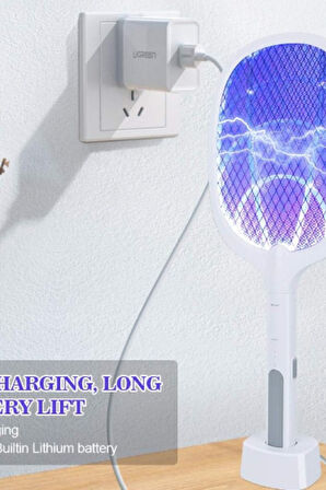 Şarjlı Elektrikli Sinek ve Sivrisinek Öldürücü Raket – UV Işıklı, Güçlü Voltaj, Sessiz Çalışma, Şarj Standı ve USB Kablo Dahil
