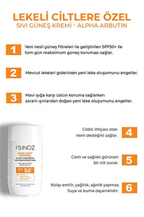 Sinoz SPF 50+ Lekeli Ciltlere Özel Sıvı Güneş Kremi – Leke Karşıtı, Hafif Yapı, Yüksek Koruma, 50 ml