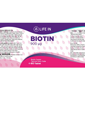 Life In Biotin Tablet – Saç, Cilt ve Tırnak Sağlığına Destek, 5000 mcg Biotin, 30 Tablet