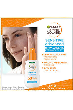 Garnier Ambre Solaire Hipoalerjenik Güneş Spreyi SPF 50+ – 150 ml | Hassas Ciltler İçin Yüksek Koruma, Parfümsüz, Suya Dayanıklı