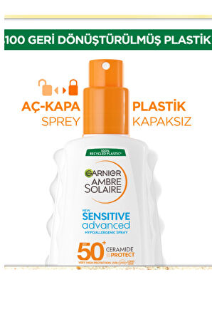 Garnier Ambre Solaire Hipoalerjenik Güneş Spreyi SPF 50+ – 150 ml | Hassas Ciltler İçin Yüksek Koruma, Parfümsüz, Suya Dayanıklı