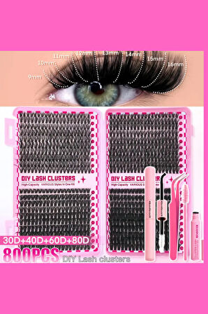 800 Parça Kendin Yap Sahte Kirpik Seti – 9-16mm Küme Kirpikler, Cımbız, Fırça, Yapıştırıcı ve Yağ Çıkarıcı ile Büyük Kapasiteli Kitap Seti