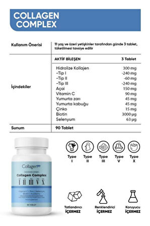 Collagen Complex 5 Tip Kolajen, Biotin, Çinko, Selenyum, Vitamin C & Açai