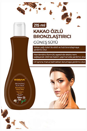 Bebak Kakao Özlü Bronzlaştırıcı Süt – Etkili ve Doğal Bronzluk Sağlayan Vücut Losyonu, 215 ml