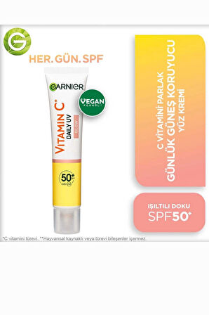 Garnier C Vitamini Parlak Güneş Koruyucu Yüz Kremi SPF50+ – Işıltılı Günlük Fluid Doku, 40 ml
