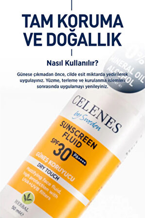 Celenes by Sweden Herbal SPF30 Fluid Dry Touch Güneş Kremi – Mat Bitişli, Bitkisel Formül, Yüz ve Dekolte Bölgesi İçin, 50 ml