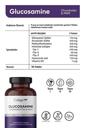 Collagen Glucosamine, Chondroitin & Msm, Hidrolize Kolajen, Vitamin D3, 1500 mg x 90 Tablet