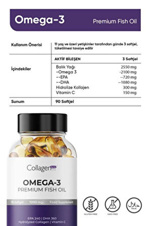 8 Adet Omega-3 Premium Fish Oil 90 Softgel X 1000mg, Balık Yağı, Hidrolize Kolajen