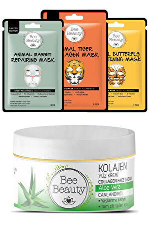 Bee Beauty Aloe Vera Kolajen Yüz Kremi 50 ml Animal Kağıt Maske Set 3 X 25 Gr