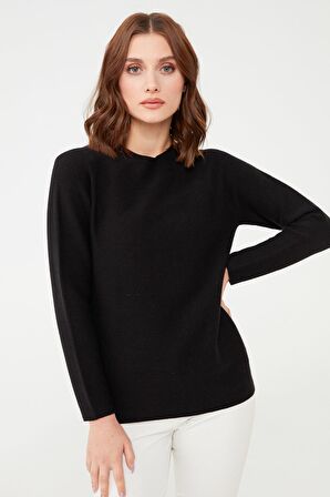 Kadın Sıfır Yaka Dikişsiz Örgü Kazak Siyah