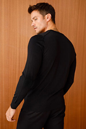 Erkek Basic Sıfır Yaka İnce Triko Kazak Siyah