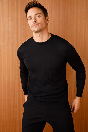 Erkek Basic Sıfır Yaka İnce Triko Kazak Siyah