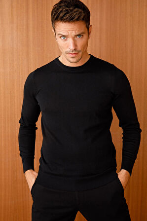 Erkek Basic Sıfır Yaka İnce Triko Kazak Siyah