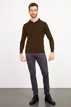 Erkek Basic Polo Yaka İnce Triko Kazak Koyu Kahve