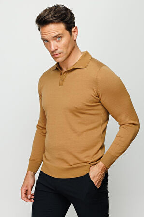 Erkek Basic Polo Yaka İnce Triko Kazak Camel