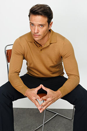 Erkek Basic Polo Yaka İnce Triko Kazak Camel