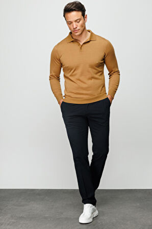 Erkek Basic Polo Yaka İnce Triko Kazak Camel