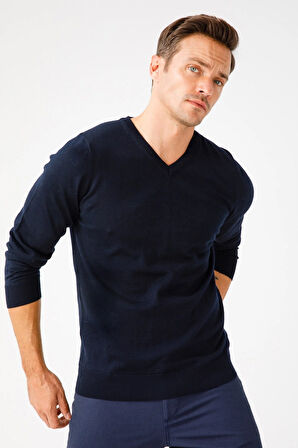 Erkek Basic V Yaka İnce Triko Kazak K.Lacivert