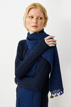 Kadın Kenarı Tığlamalı Püsküllü Yün Kaşkol P.Mavi