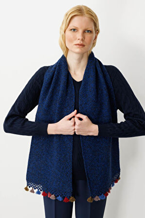 Kadın Kenarı Tığlamalı Püsküllü Yün Kaşkol P.Mavi