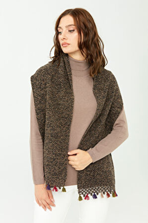 Kadın Kenarı Tığlamalı Püsküllü Yün Kaşkol M.Kahve