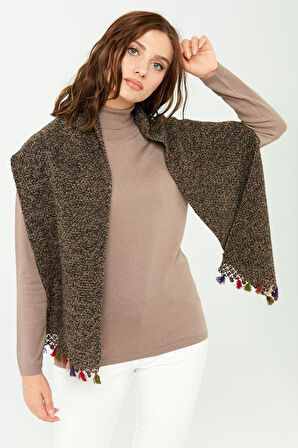 Kadın Kenarı Tığlamalı Püsküllü Yün Kaşkol M.Kahve
