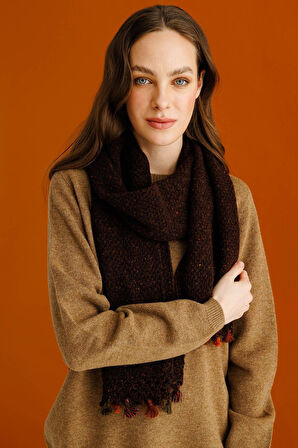 Kadın Kenarı Tığlamalı Püsküllü Yün Kaşkol K.Kahve