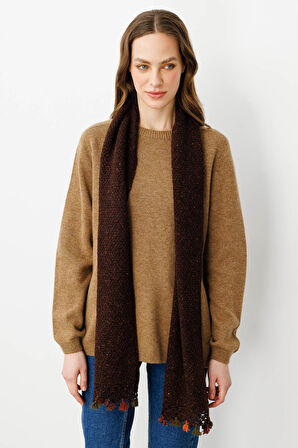 Kadın Kenarı Tığlamalı Püsküllü Yün Kaşkol K.Kahve